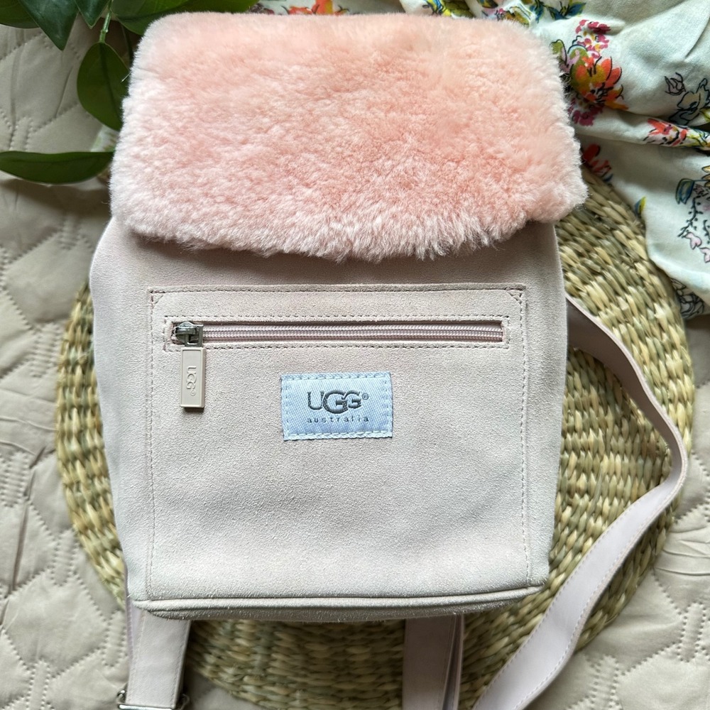UGG Australia Mini Backpack Pink Suede Shearling Fur Trim Drawstring Bag Small